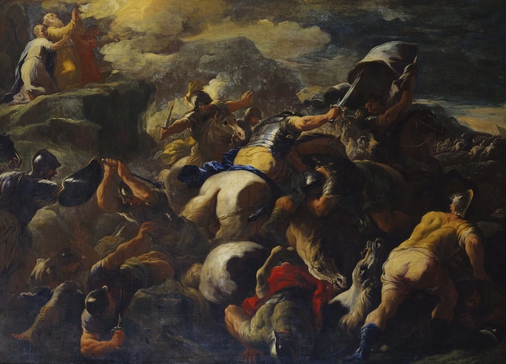 La battaglia tra gli israeliti e gli amalekiti, Aaronne e Hur sostenendo Mosè
